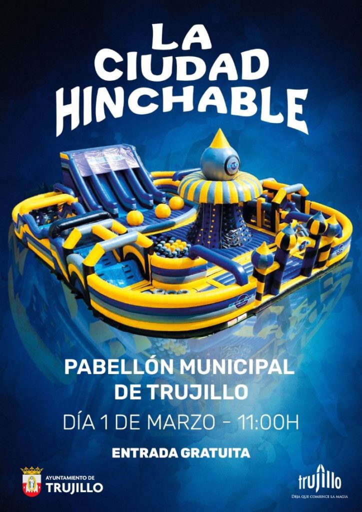 Cartel anunciador de evento de carnavales "ciudad hinchable" en Trujillo